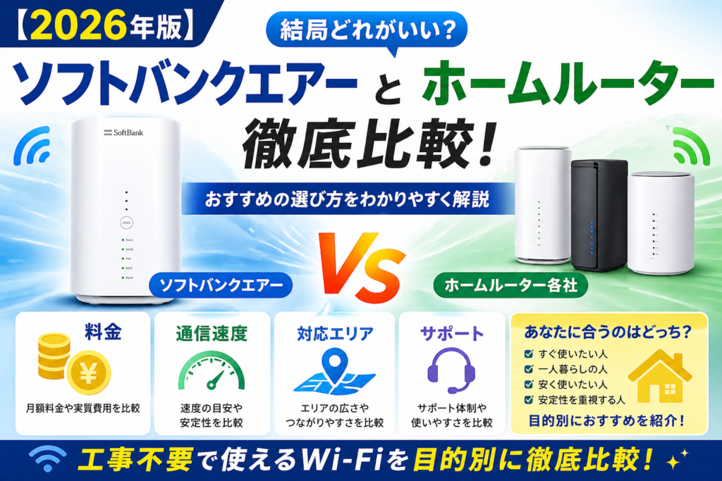 【2026年版】ソフトバンクエアーとホームルーター比較｜結局どれがいい？おすすめの選び方 - 家計太郎ラボ｜格安SIMと固定費削減で毎月1万円 ...