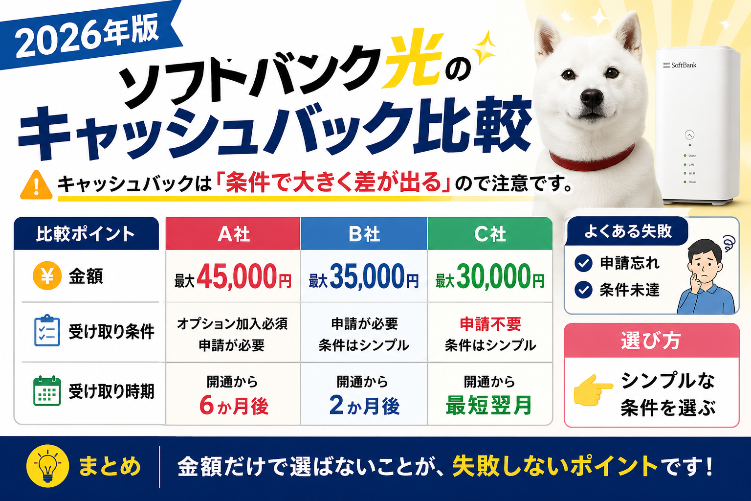 2026年版ソフトバンク光のキャッシュバック比較を解説したアイキャッチ画像。金額・条件・受け取り時期の違いや失敗例、選び方をわかりやすくまとめたデザイン。