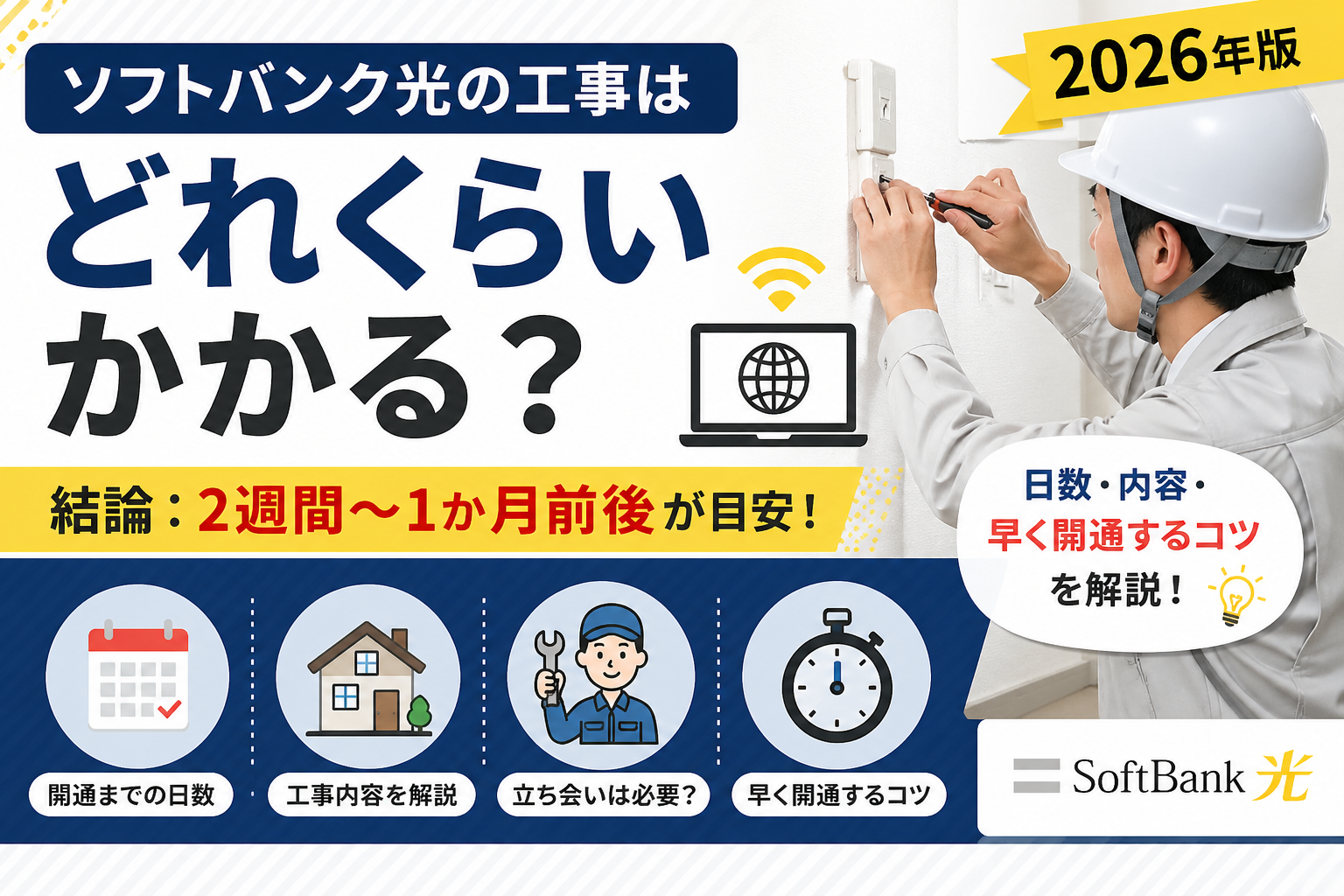 ソフトバンク光の工事はどれくらいかかるのかを解説する2026年版アイキャッチ画像。開通までの日数、工事内容、立ち会い、早く開通するコツを紹介。