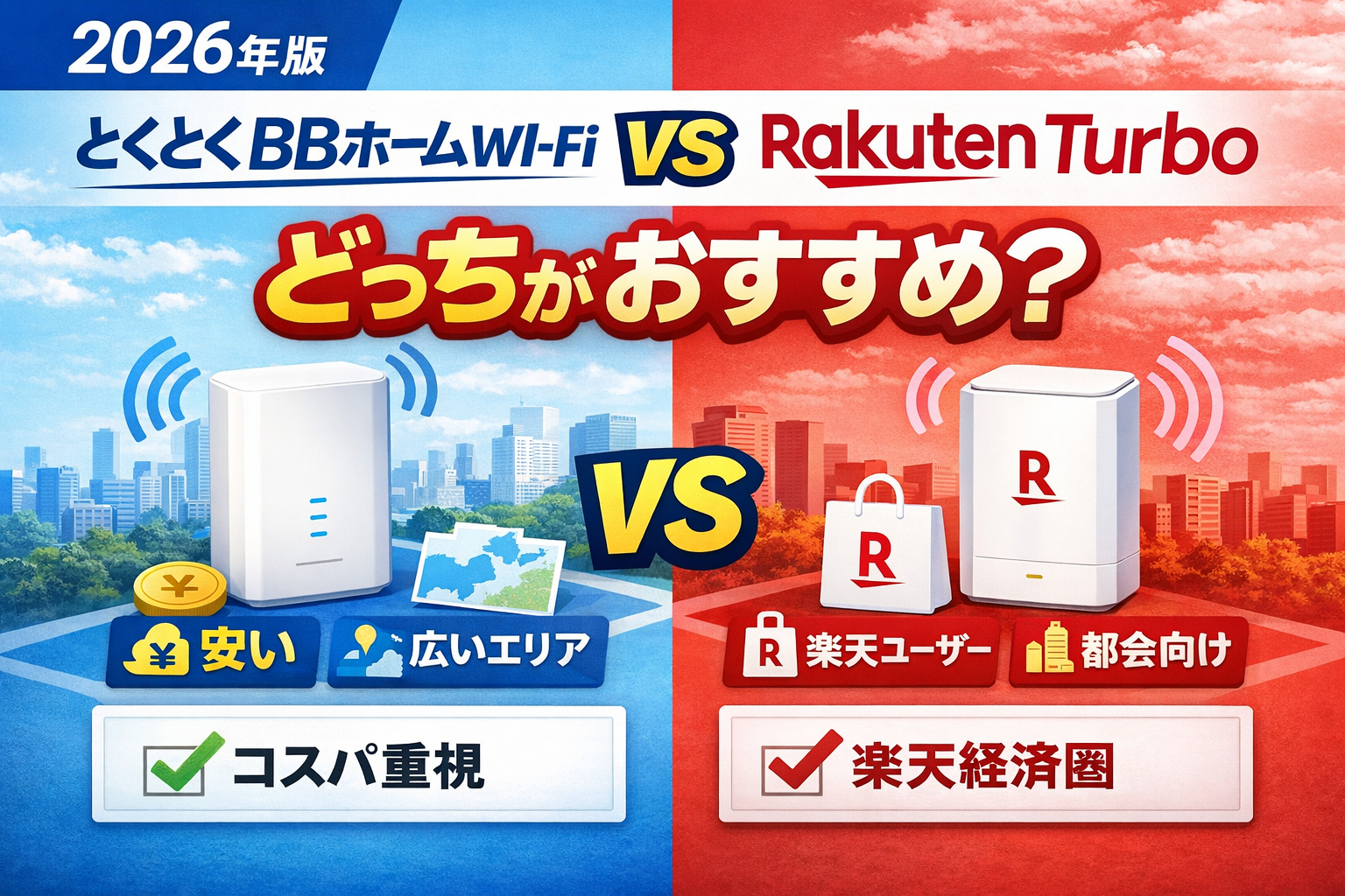 とくとくBBホームWi-FiとRakuten Turboを比較し、どっちがおすすめかを解説したシンプルなアイキャッチ画像