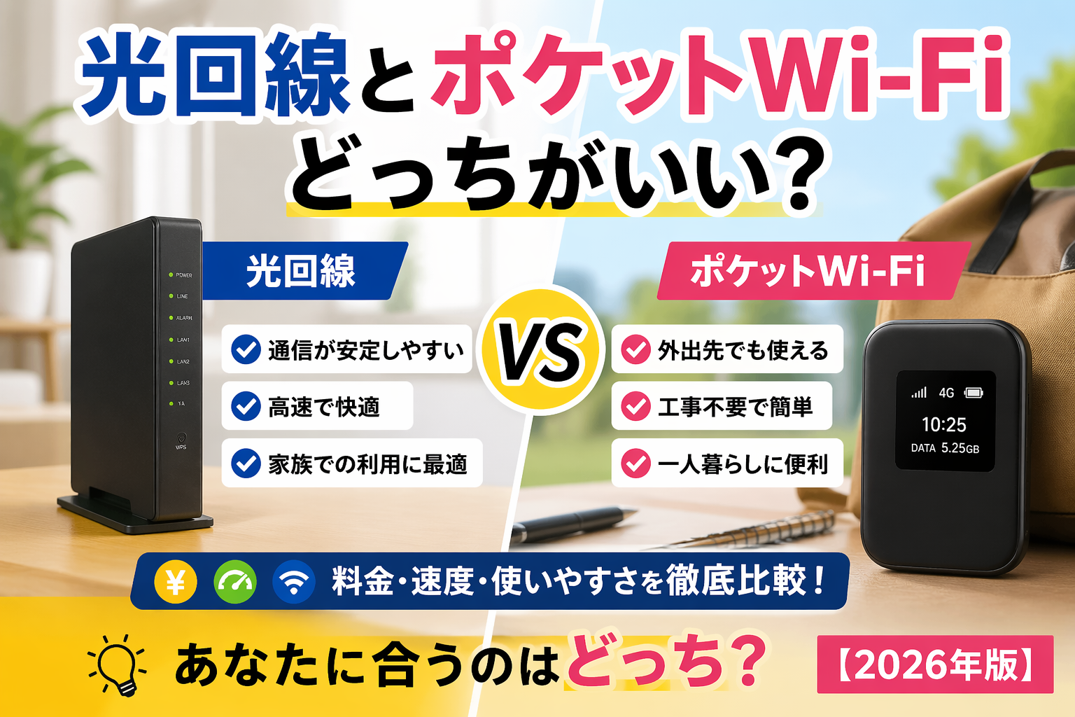 光回線とポケットWi-Fiの料金・速度・使いやすさを比較した2026年版アイキャッチ画像
