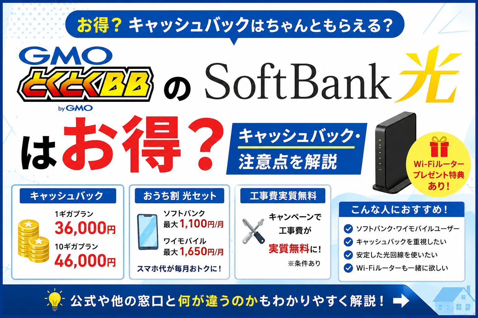 GMOとくとくBBのソフトバンク光はお得？キャッシュバック・注意点を解説