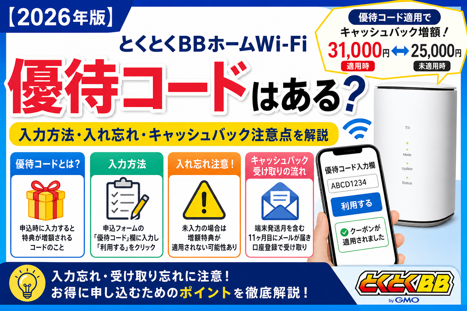 とくとくBBホームWi-Fiの優待コードはあるのか、入力方法・入れ忘れ・キャッシュバック注意点を解説するアイキャッチ画像