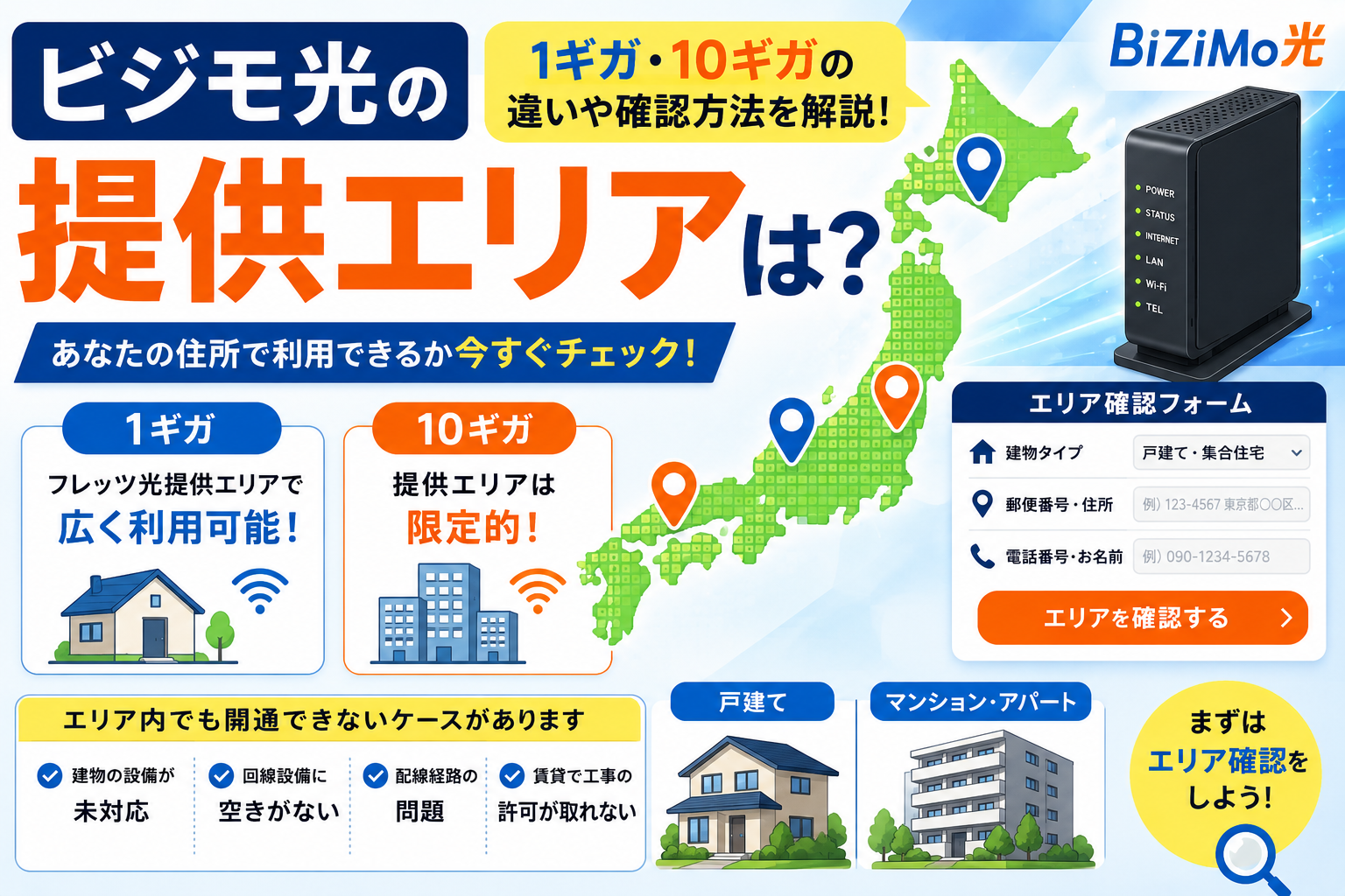 ビジモ光の1ギガ・10ギガの提供エリアと確認方法を解説するアイキャッチ画像