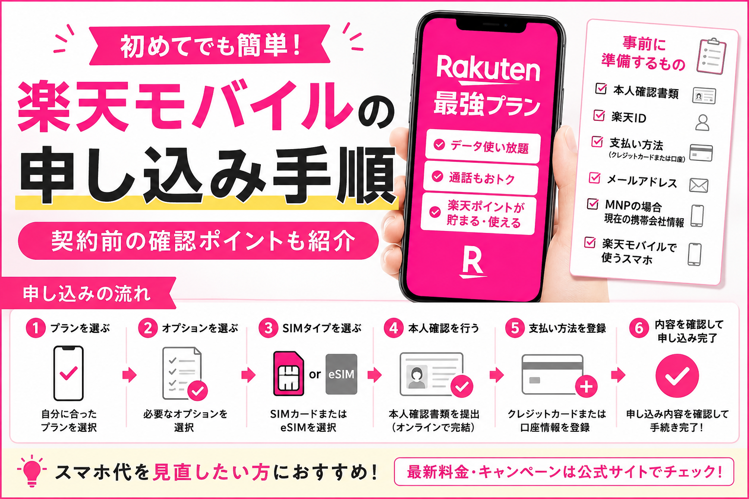 楽天モバイルの申し込み手順をスマホで確認するイメージ