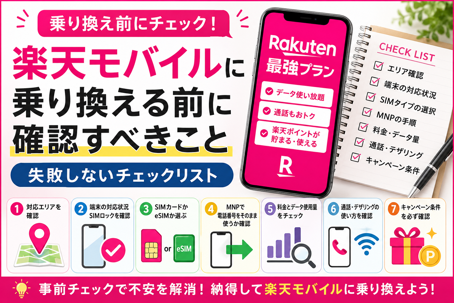 楽天モバイルに乗り換える前のチェックリストを確認するイメージ