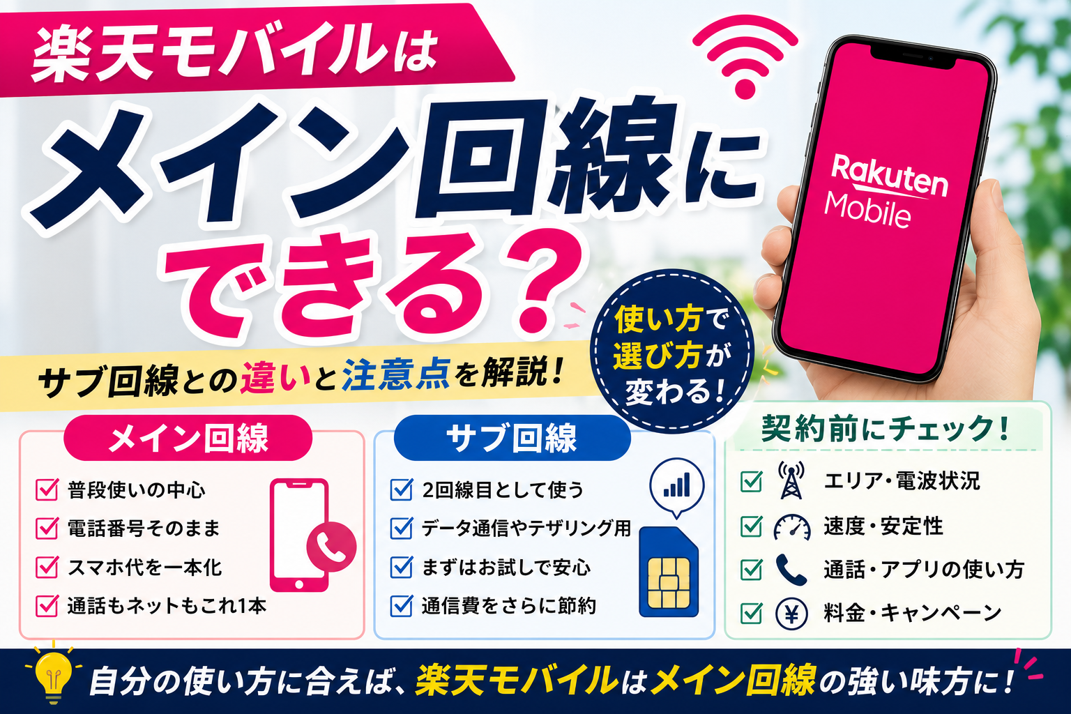 楽天モバイルはメイン回線にできる？サブ回線との違いと注意点を解説