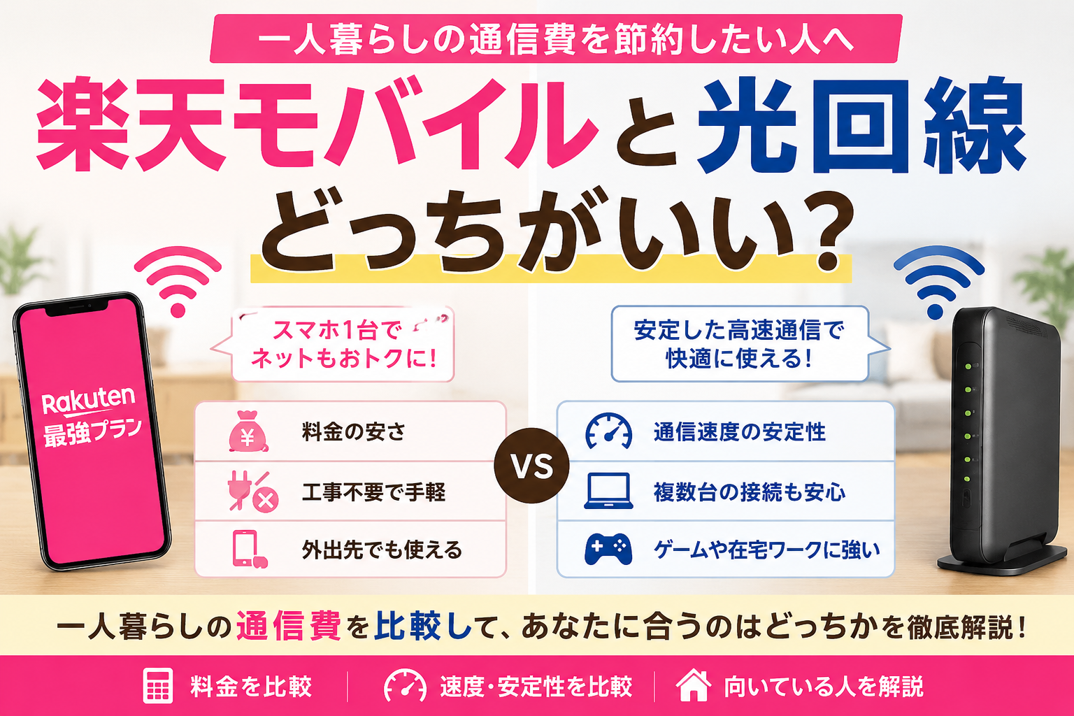 楽天モバイルと光回線を比較するイメージ