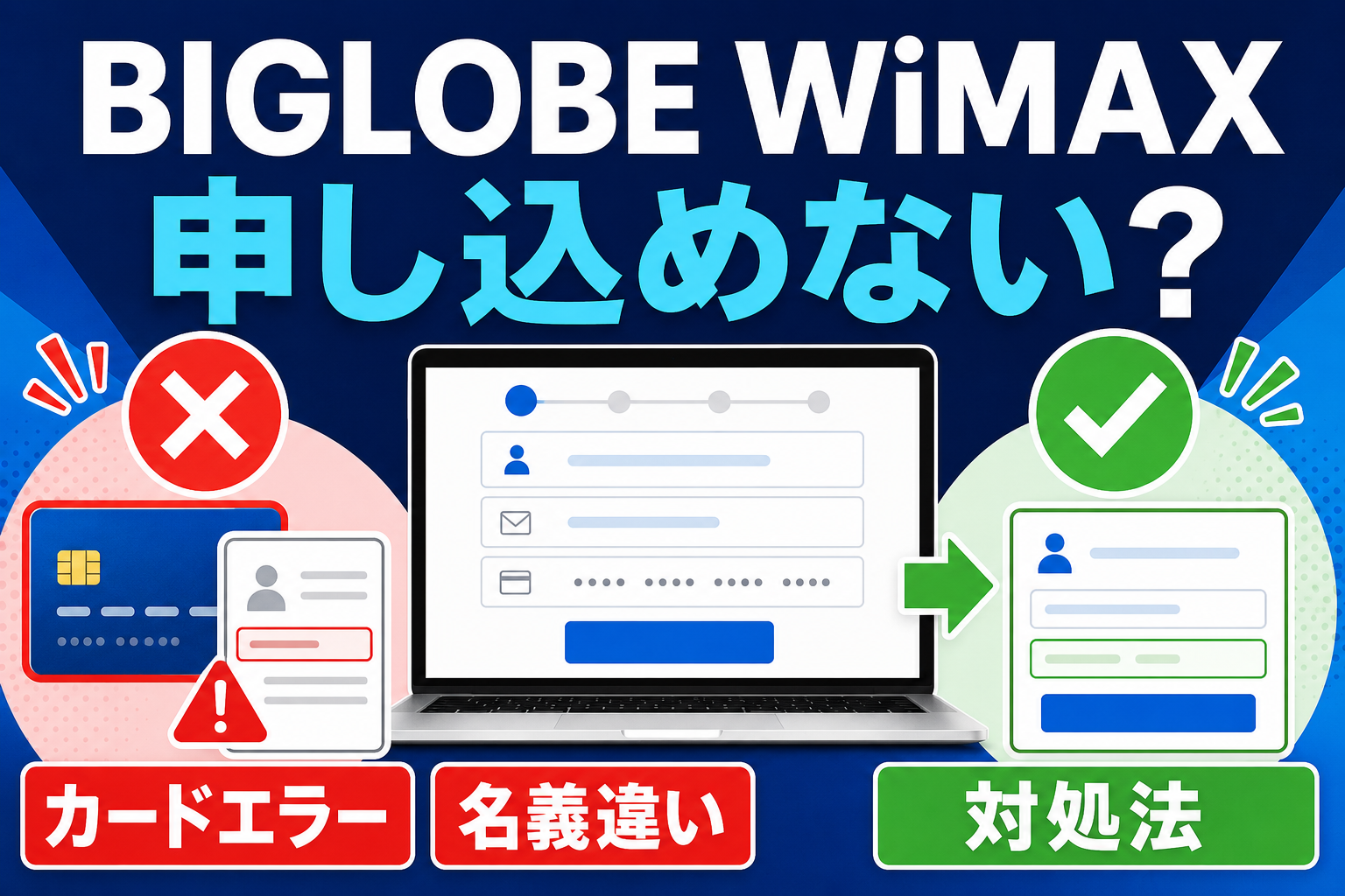 BIGLOBE WiMAXに申し込めない原因としてカードエラー・名義違い・入力内容の対処法を示すアイキャッチ