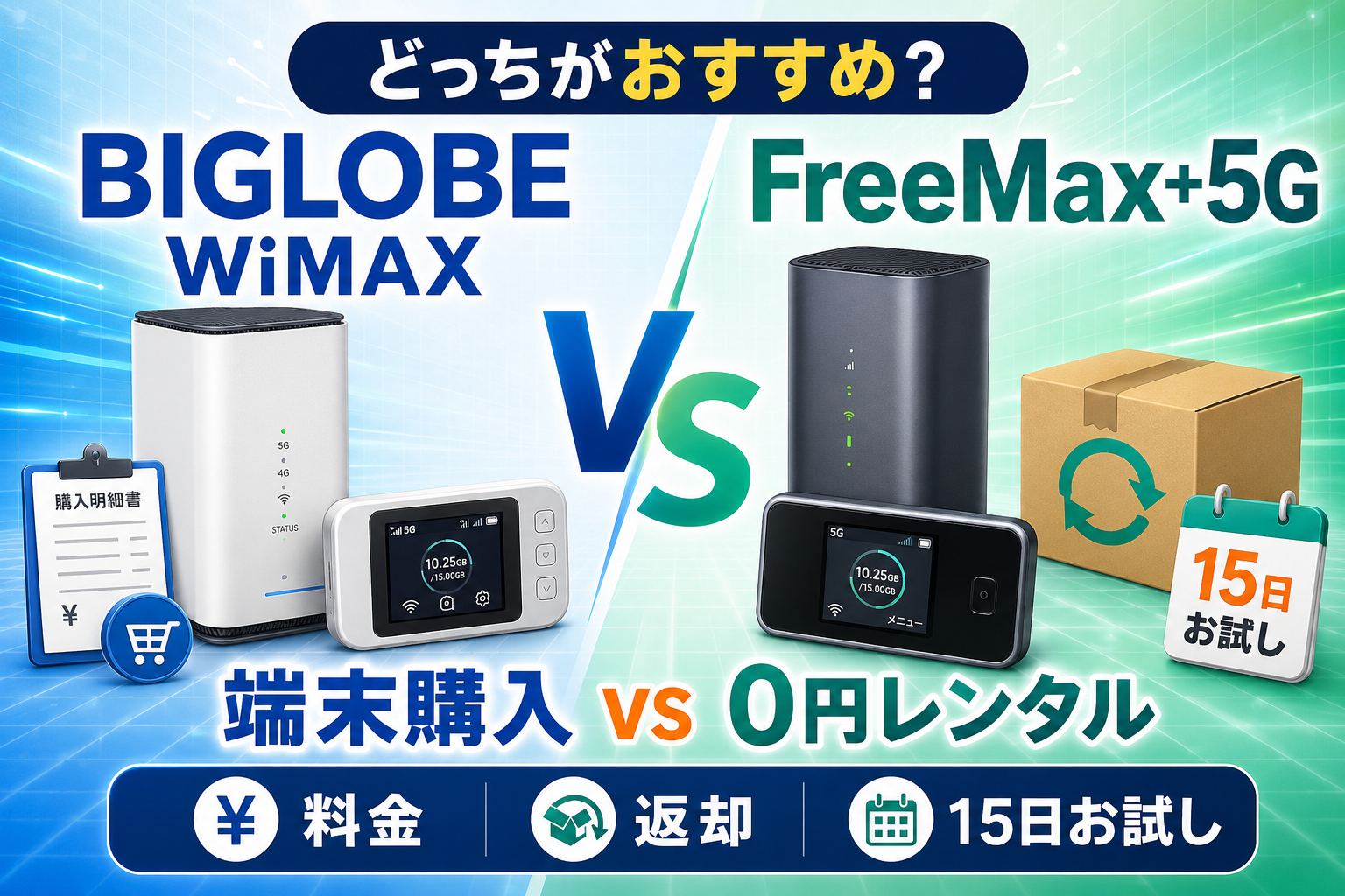 BIGLOBE WiMAXとFreeMax+5Gはどっち？料金・端末レンタル・15日お試しを比較【2026年】