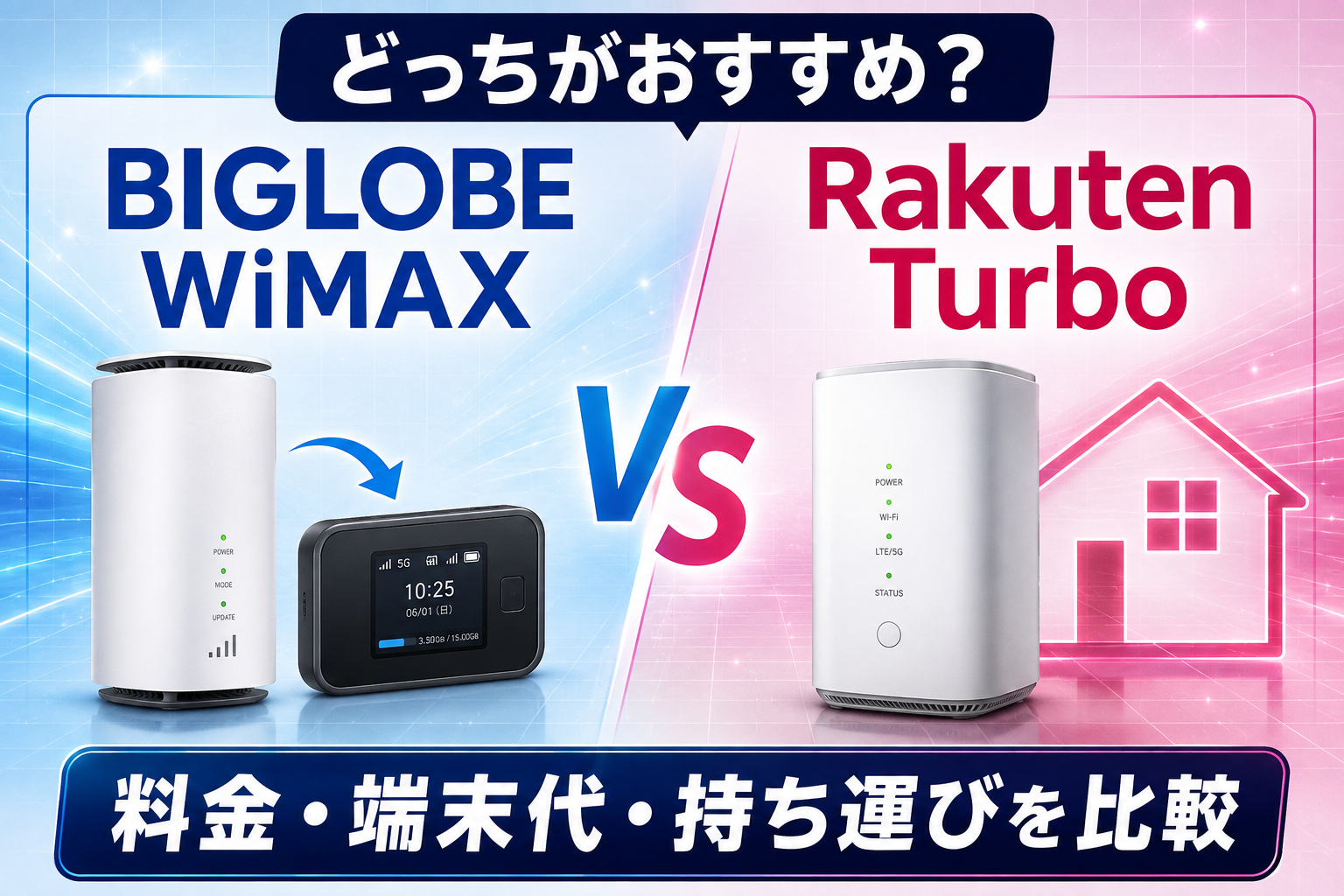 BIGLOBE WiMAXとRakuten Turboはどっち？料金・端末代・持ち運びを比較【2026年】