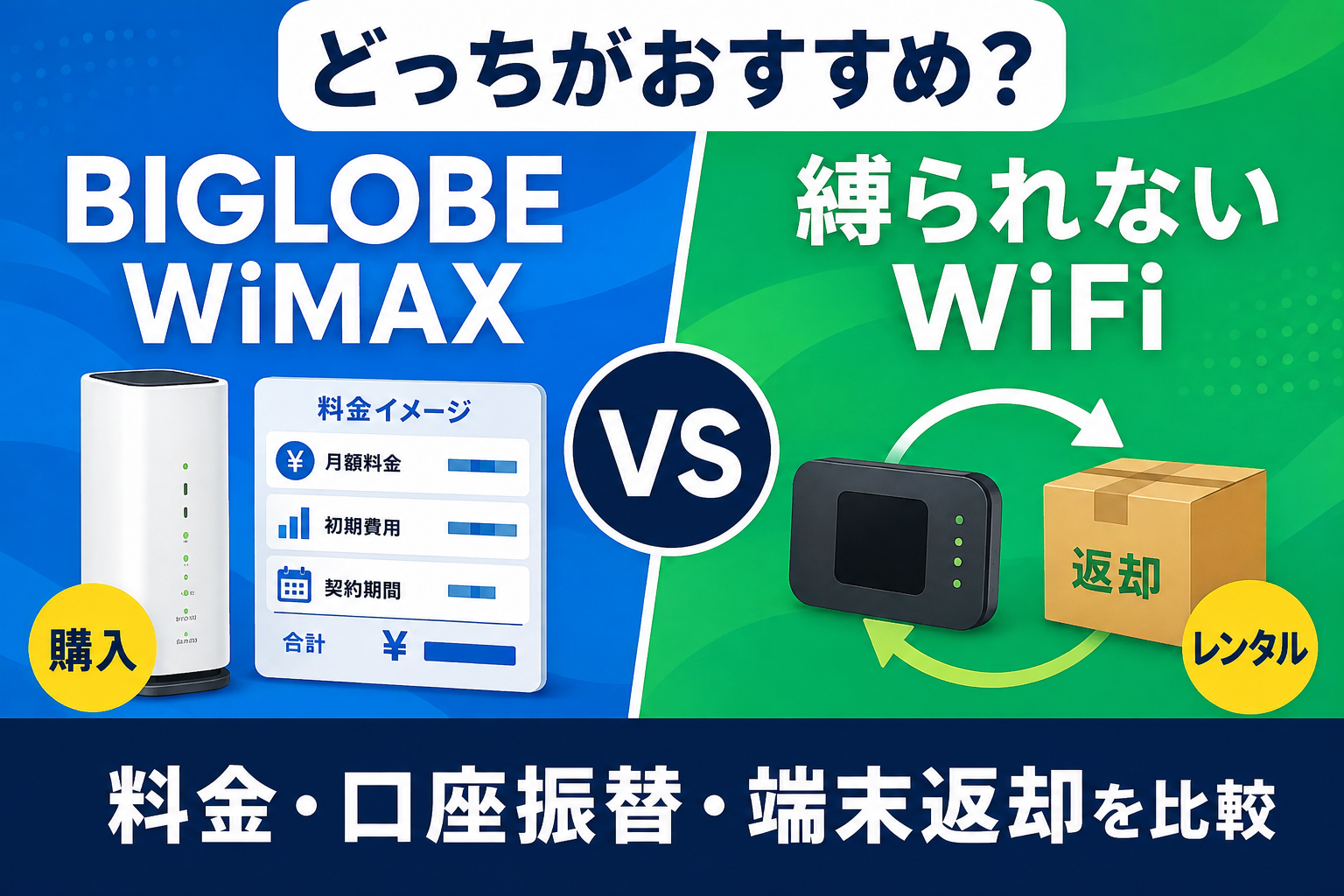 BIGLOBE WiMAXと縛られないWiFiはどっち？料金・口座振替・端末返却を比較【2026年】
