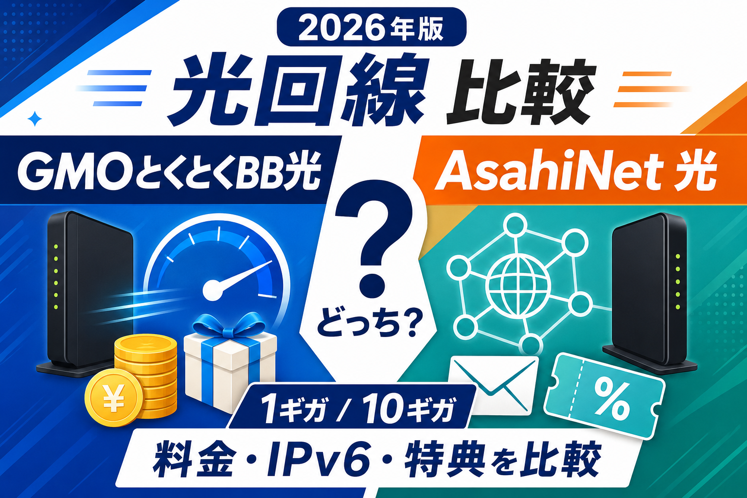 GMOとくとくBB光とAsahiNet 光を料金・IPv6・特典・1ギガ・10ギガで比較する2026年版アイキャッチ画像