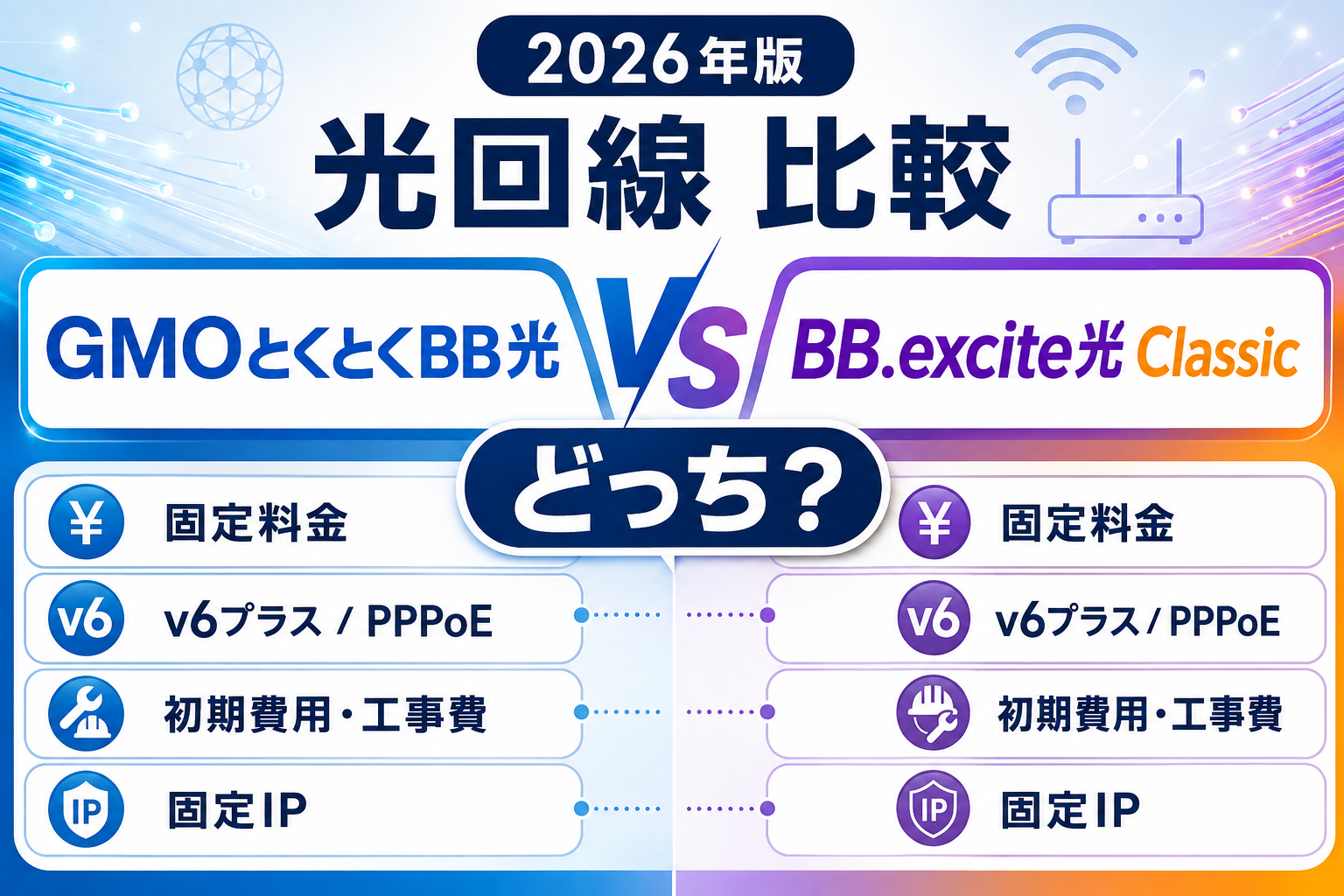 GMOとくとくBB光とBB.excite光 Classicはどっち？料金・PPPoE・固定IPを比較【2026年】