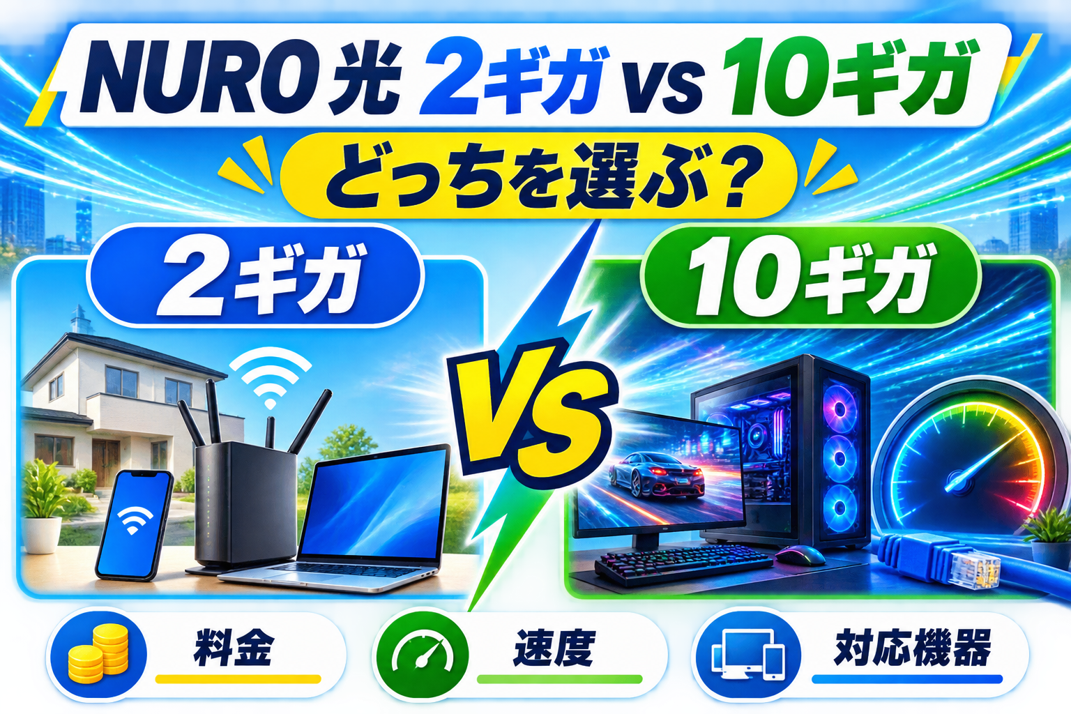 NURO 光の2ギガと10ギガを料金・速度・対応機器で比較するイラスト