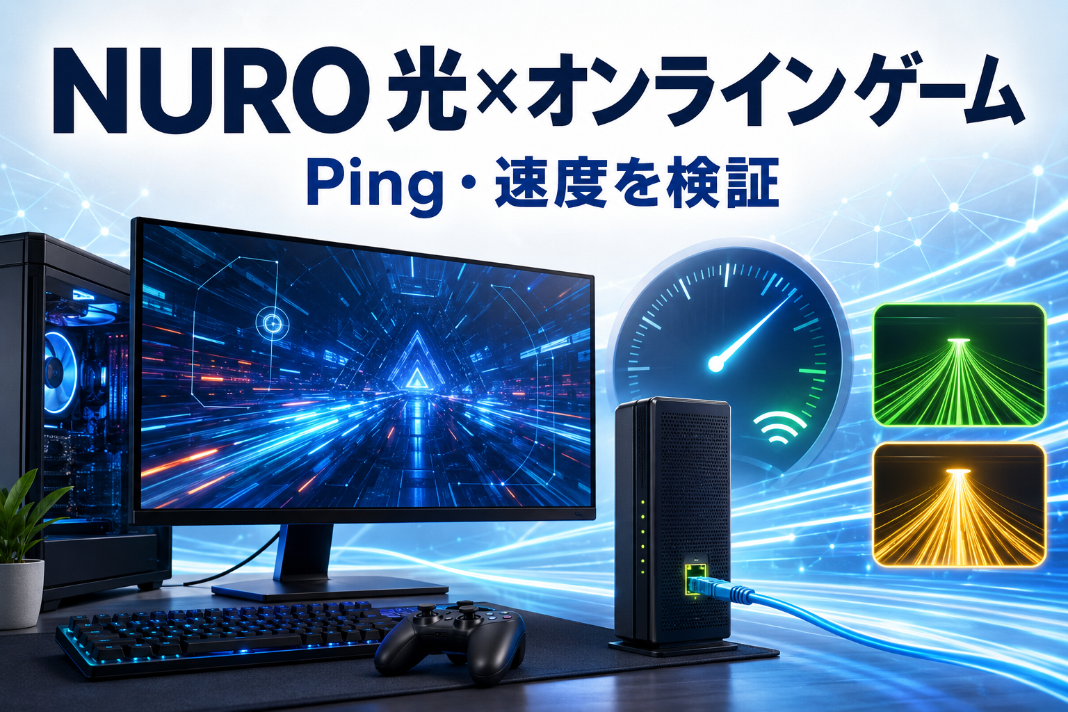 NURO 光でオンラインゲームを遊ぶ際のPing・速度・有線LANを解説するイラスト