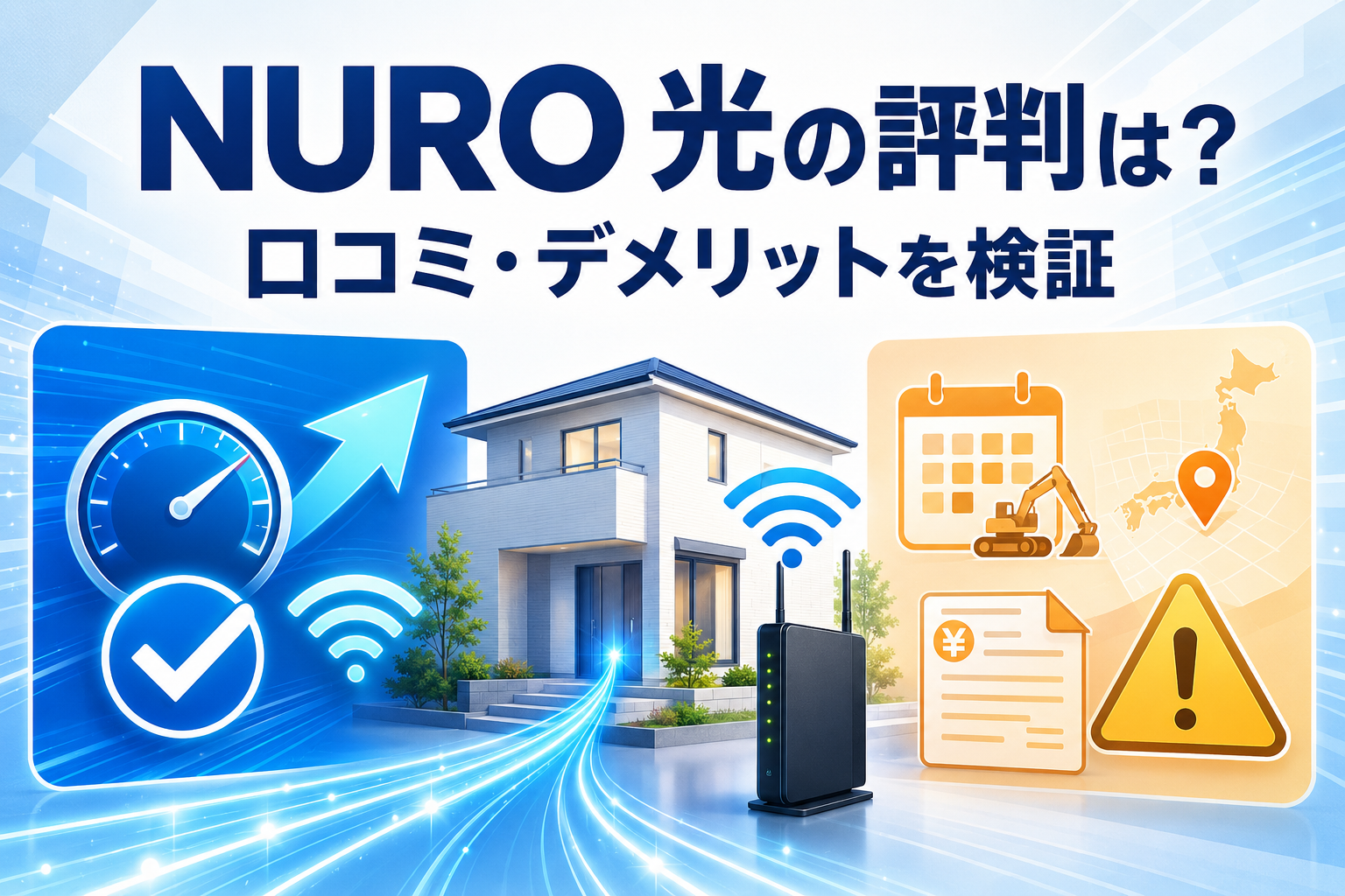NURO 光の良い評判と悪い評判を速度・料金・工事で比較するイラスト