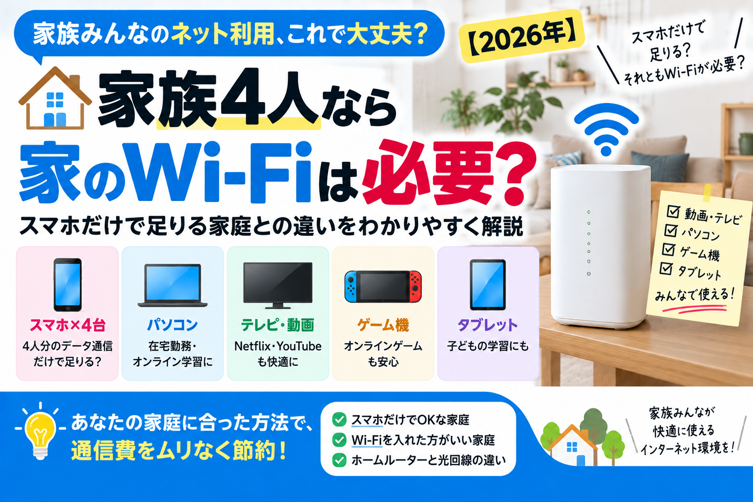 家族4人に家のWi-Fiは必要？同時利用と通信費で判断する方法【2026年】