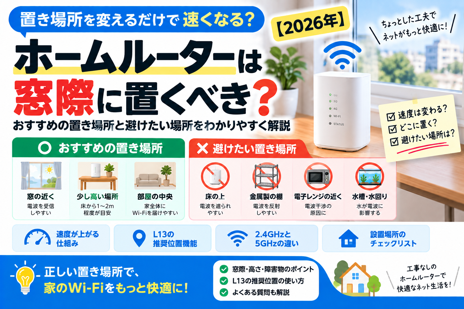 ホームルーターは窓際に置くべき?置き場所で速度は変わる?【2026年】