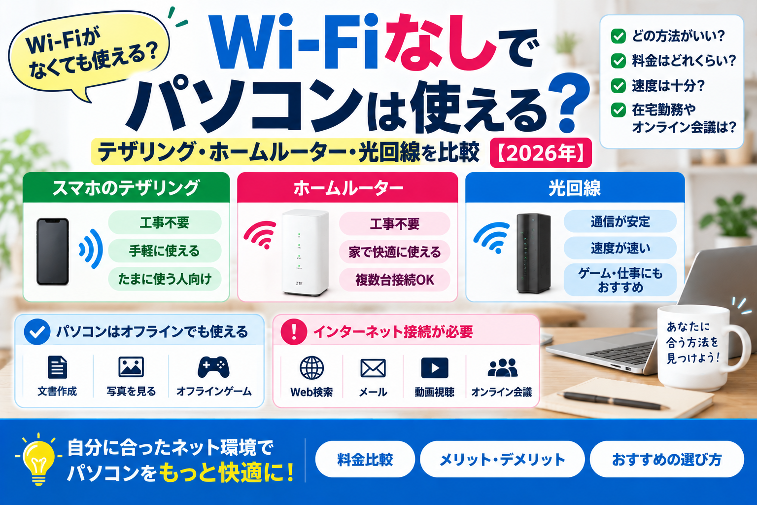 Wi-Fiなしでパソコンは使える?テザリング・ホームルーター・光回線を比較【2026年】