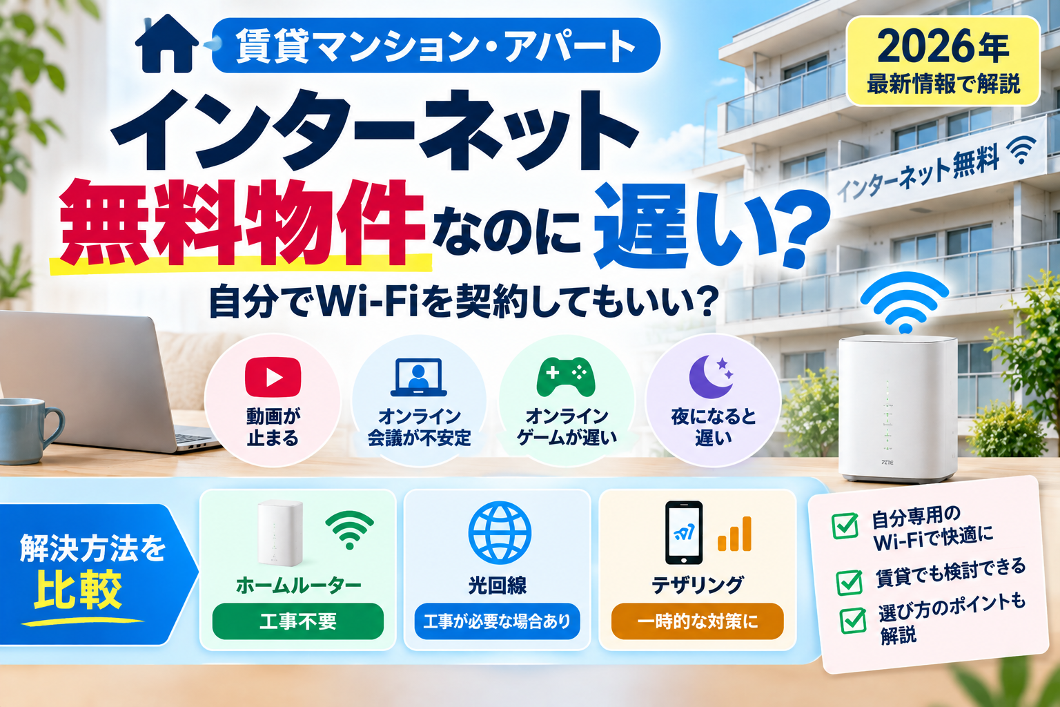 インターネット無料物件が遅いときの対処法｜別回線を契約する前の確認【2026年】