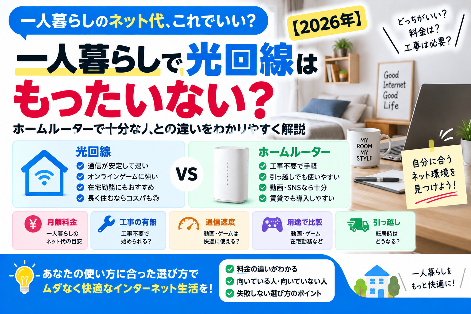 一人暮らしで光回線はもったいない？必要な人・不要な人の判断手順【2026年】