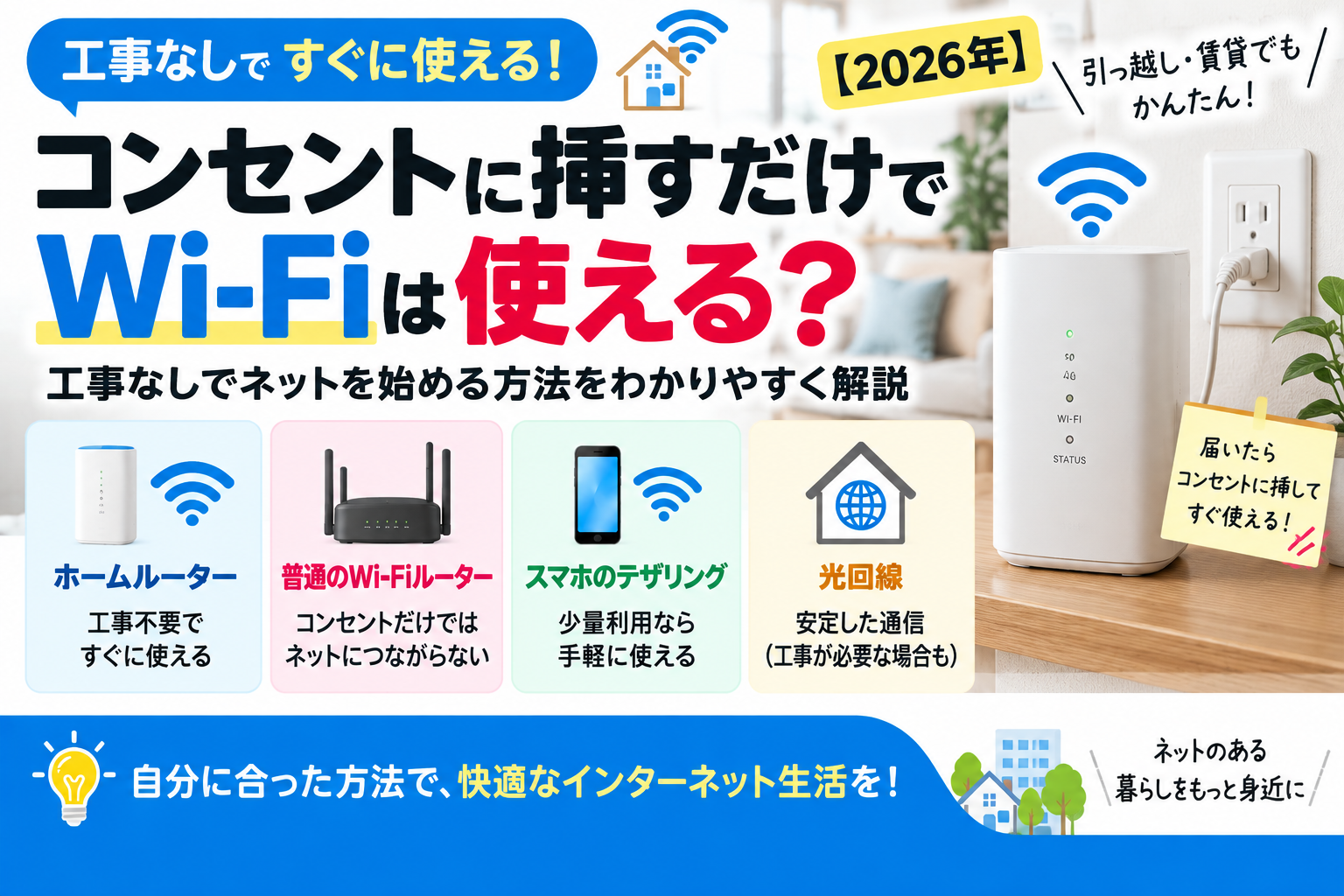 コンセントに挿すだけでWi-Fiは使える？契約・初期設定と接続確認【2026年】