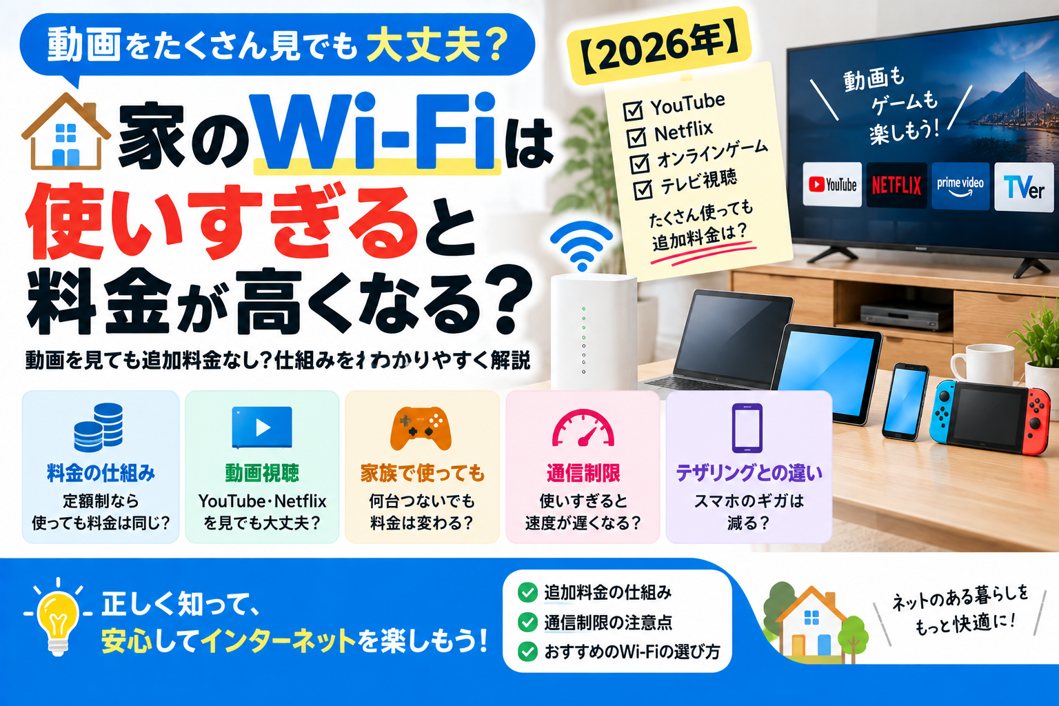 家のWi-Fiは使いすぎると高くなる？追加料金・速度制限と明細の確認【2026年】