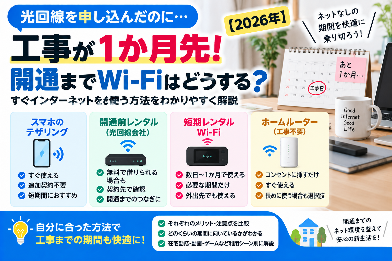 光回線の開通までWi-Fiはどうする？つなぎの選び方と返却手順【2026年】